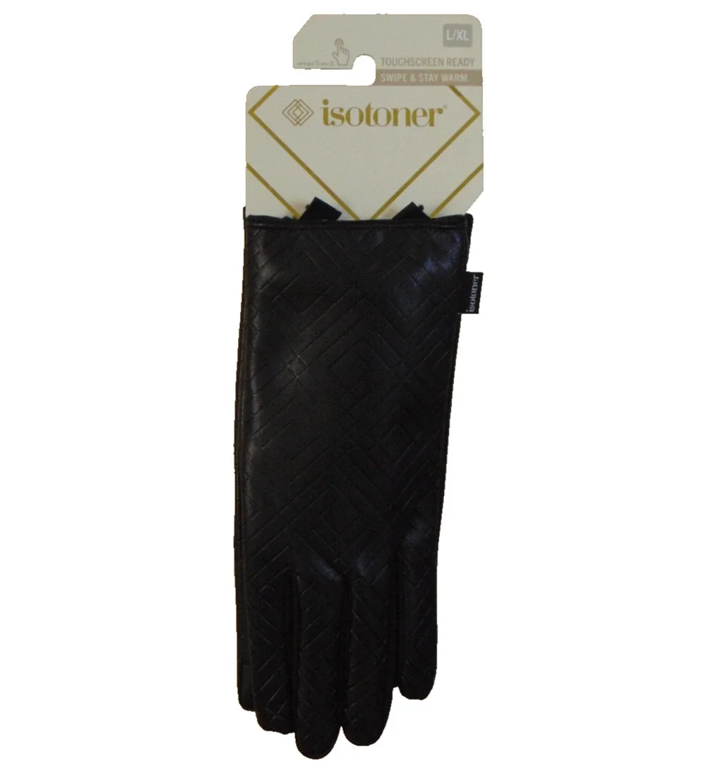 Isotoner Womens Faux Leather Gloves Black L/XL Tab Detail smartDRI NWT